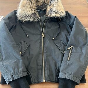 French Connection Black Coat with Faux Fur Trim